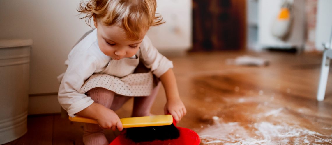 A,Small,Toddler,Girl,With,Brush,And,Dustpan,Sweeping,Floor